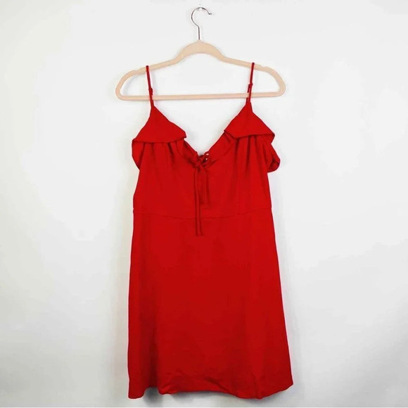 All In Favor Ruffle Mini Dress Tie Front Sleeveless Casual Party Sundress Size L - Picture 5 of 11